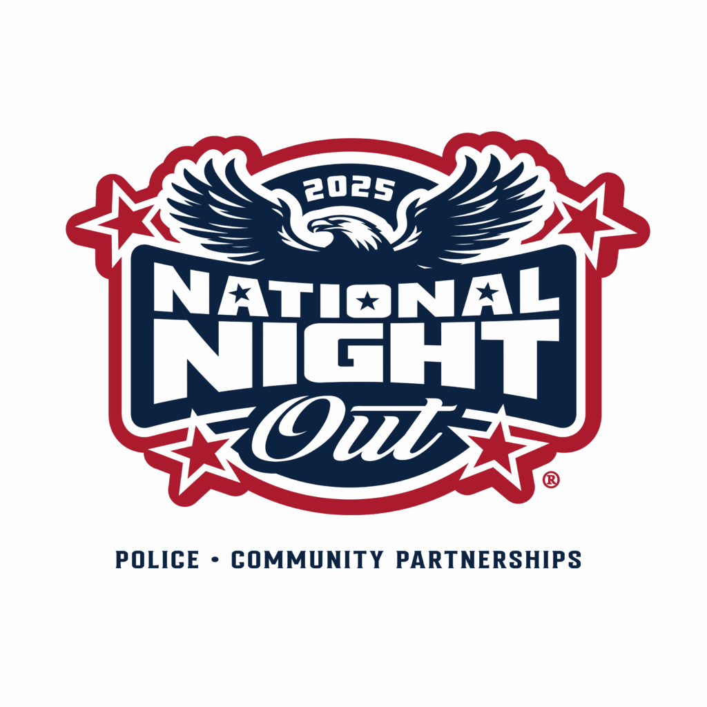 Red white and blue logo for National Night Out 2025